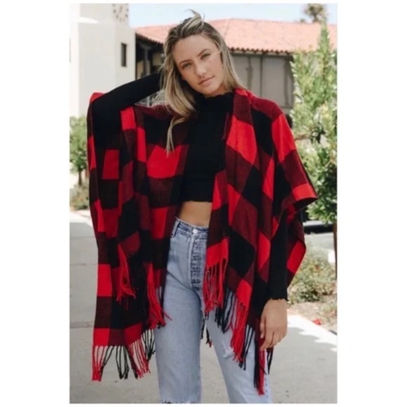 Red & Black Buffalo Plaid Poncho Sweater Wrap - Picture 2 of 5